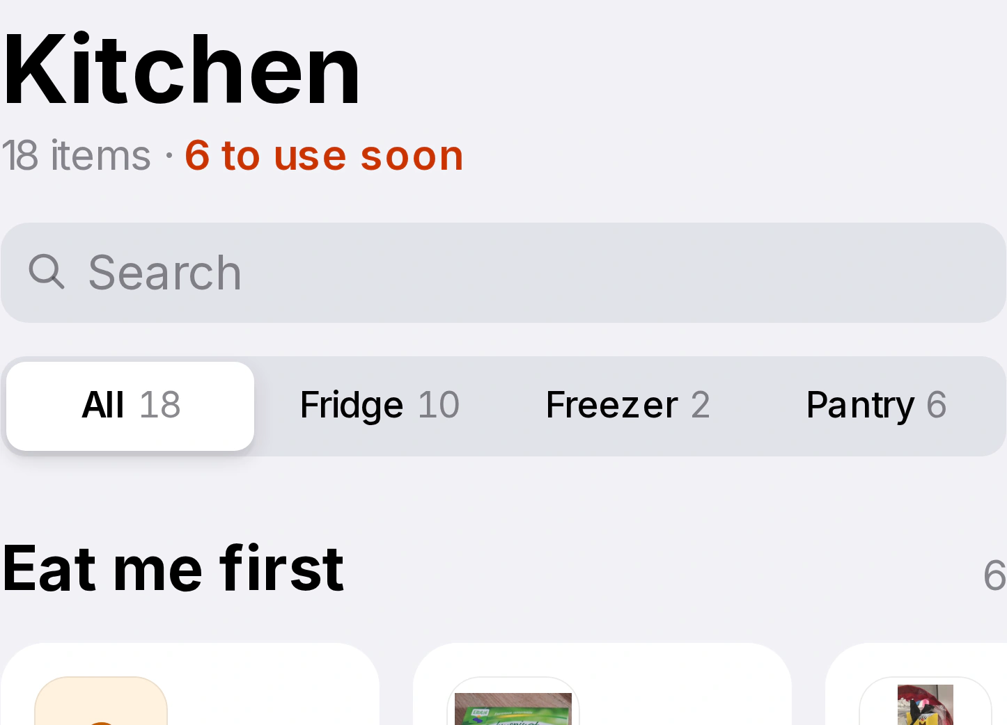 Kopf der Küchenansicht: 18 Sachen, Suche und Filter für Kühlschrank, Tiefkühler und Vorrat