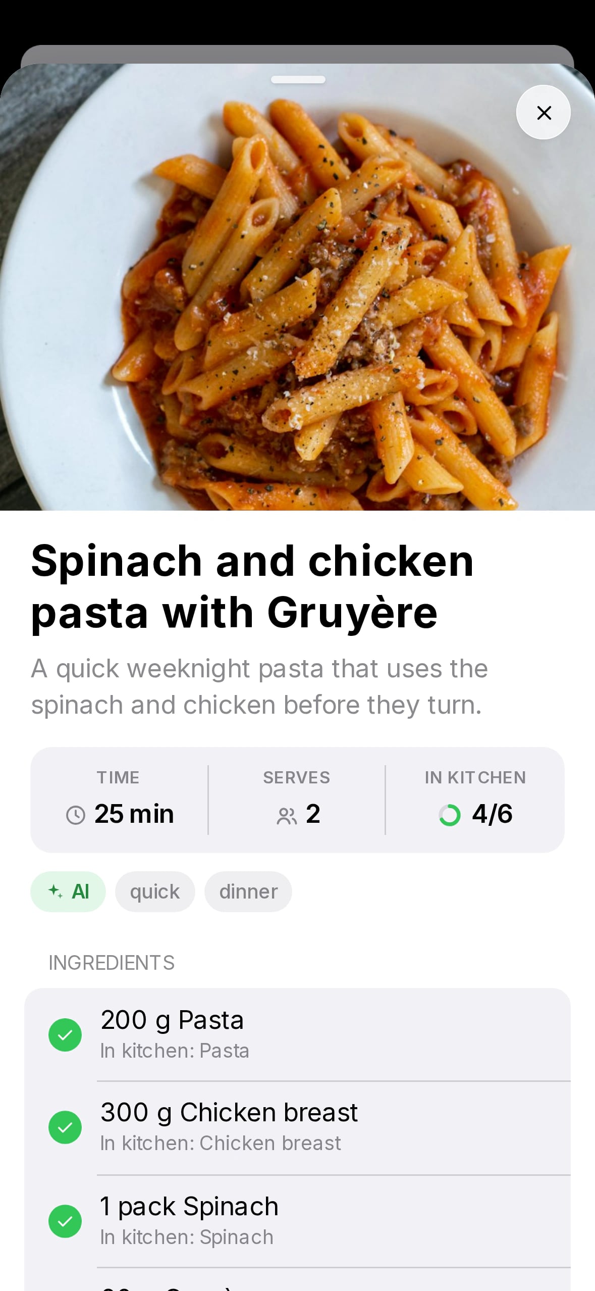 Rezept Spinat-Poulet-Pasta mit Gruyère: 25 Minuten, 2 Portionen, 4 von 6 Zutaten schon in der Küche